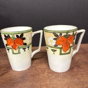 Vintage Hand Painted Nippon Strawberry Design Porcelain Cups  - Green and Orange